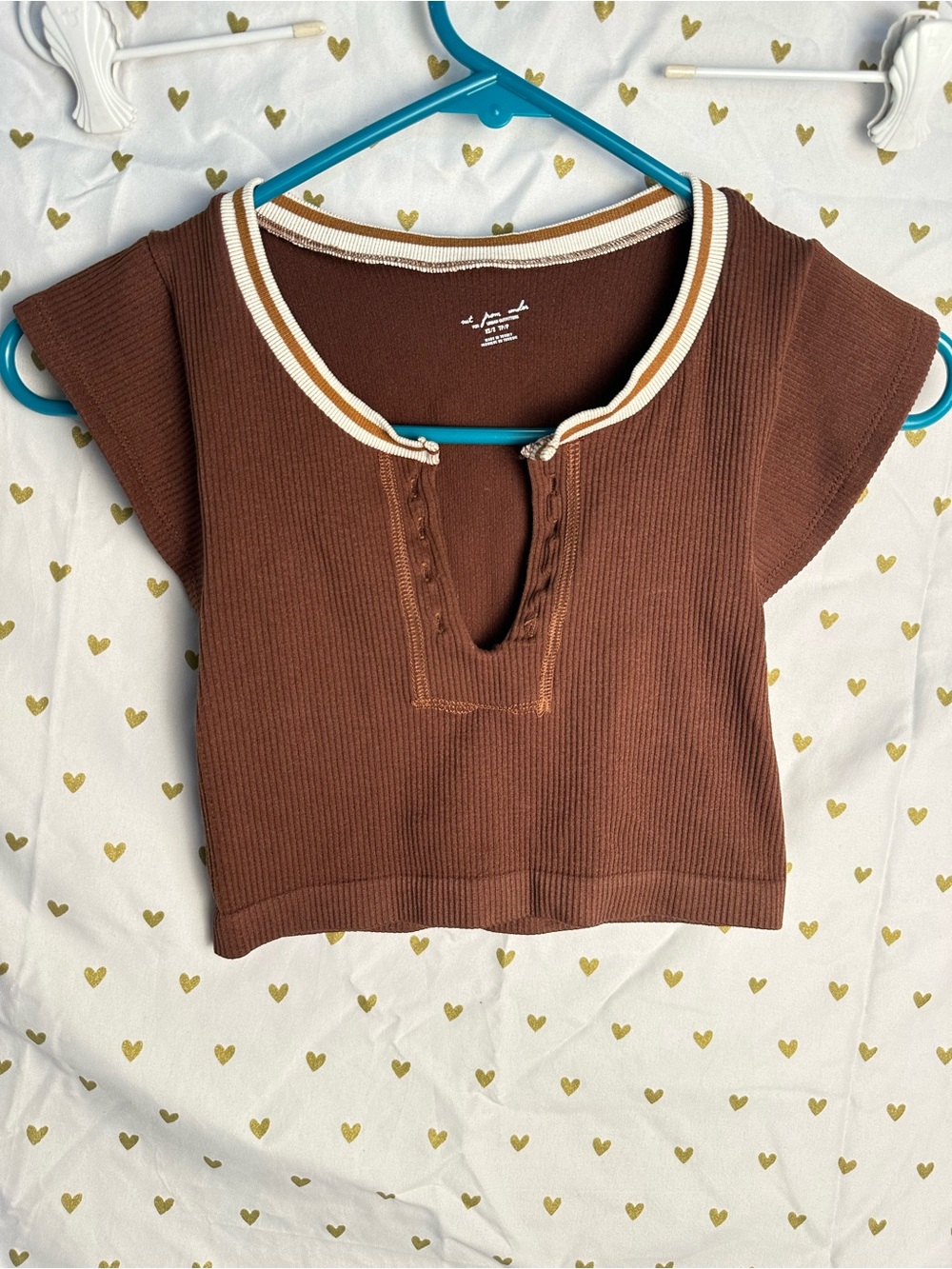 Urban Outfitters Brown Ribbed Crop Top with Contrast Stripe Neck